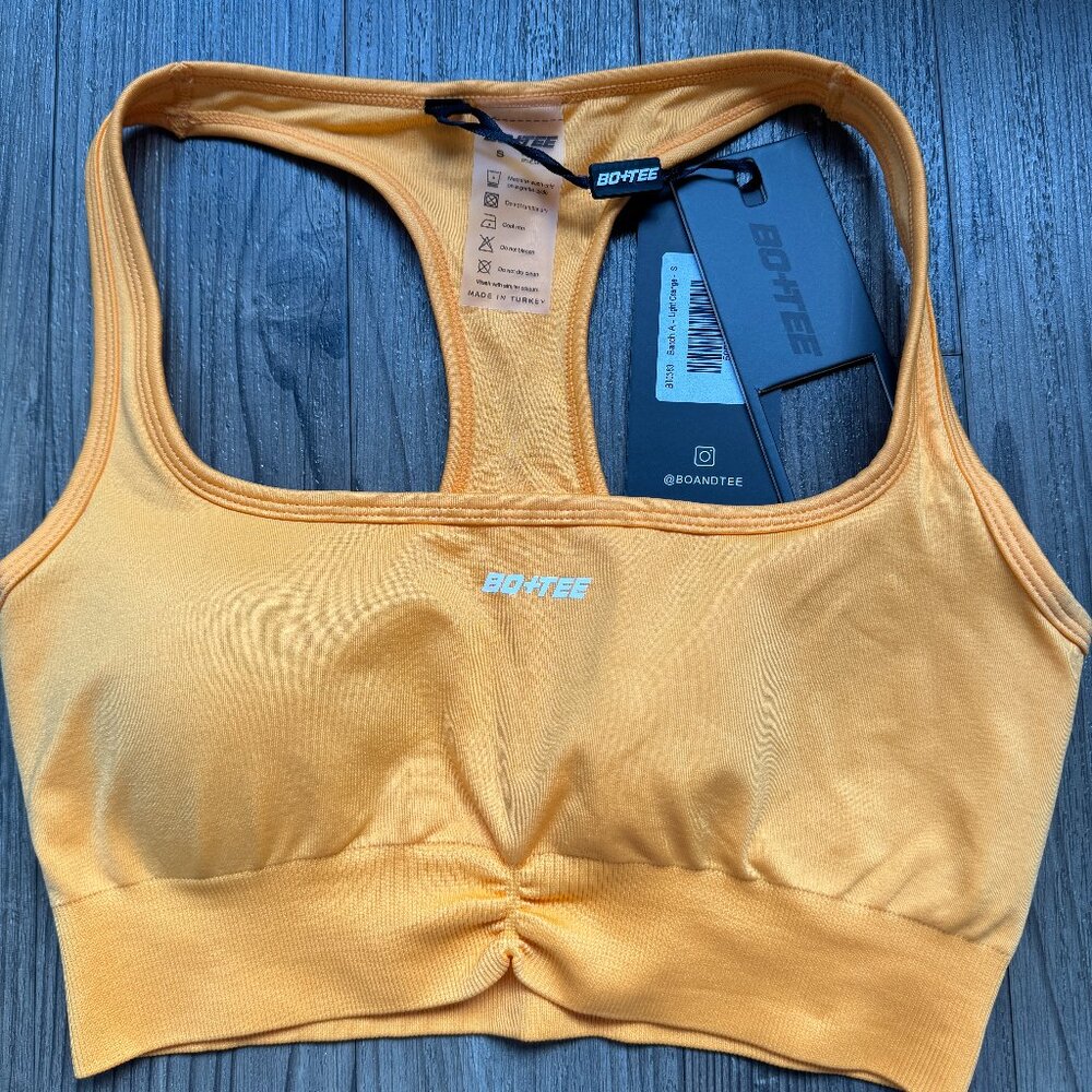 OH POLLY ORANGE YELLOW RUCHED RACER PADDED SPORTS BRA CROP TOP - SMALL